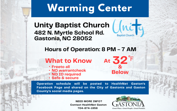 City, County Partner with HealthNet Gaston & Unity Baptist Church  to Open Warming Center for Upcoming Winter Season 